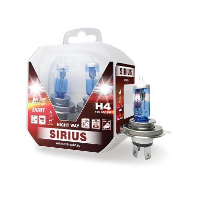 Автолампа Н4, 2 шт. (12 В, 60/55Вт) + 110% яркости ("AVS SIRIUS/NIGHT WAY") фарная, галоген (A78949S)