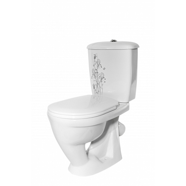 Унитаз-компакт тарельчатый Оскольская керамика Радуга Цветы косой выпуск, однорежимная арматура, нижний  подвод, сиденье