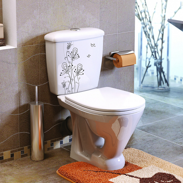 Унитаз-компакт тарельчатый Оскольская керамика Радуга Цветы косой выпуск, однорежимная арматура, нижний  подвод, сиденье