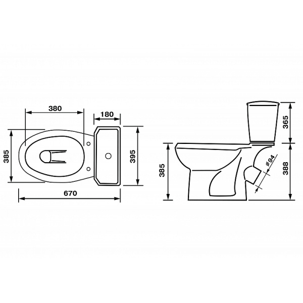 Унитаз-компакт Оскольская керамика Элисса-Антивсплеск косой выпуск, однорежимная арматура, боковой подвод, сиденье