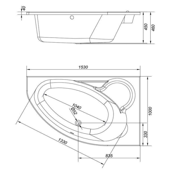 Ванна акриловая асимметричная 1530х1000х450мм Kaliope правая, в комплекте с каркасом, панелью, (Cersanit) Россия