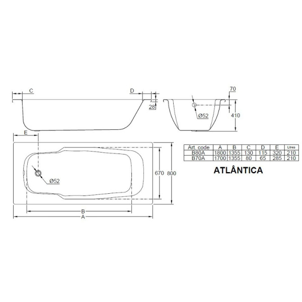 Ванна стальная 1800x800x410 мм, белая, BLB, Atlantica,  без ножек, Португалия