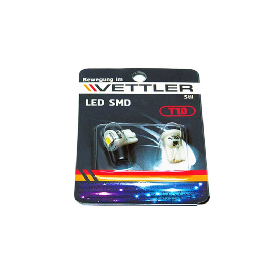 ***СВЕТОДИОДЫ к-т (T10 W5W) 12В, 1SMD (к-т 2 шт, в блистере) , БЕСЦОКОЛЬНЫЙ, белый, в габариты, подсветка номера, дверей VETTLER