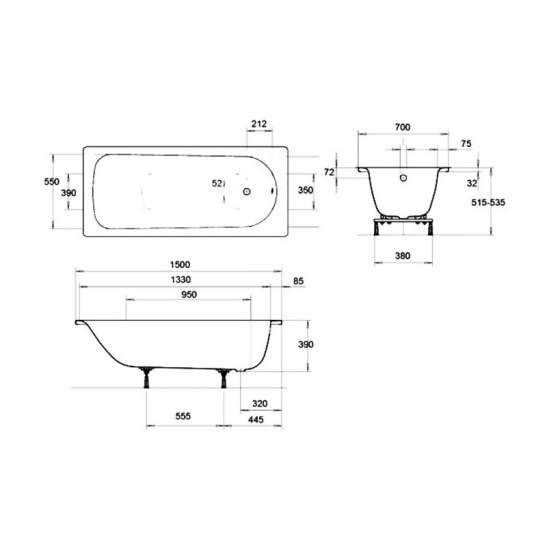 Ванна стальная 1500x700x390 мм, белая, Kaldewei, "Eurowa" (Form Plus) Mod.310,  ножки в комплекте, Германия