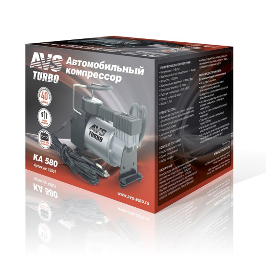 Автокомпрессор (40 л/мин, до 10 атм.) пит.прикуриватель, сумка, насадки ("KA580 Turbo") ("AVS") металл. (насос шинный электрический 12В) 43001