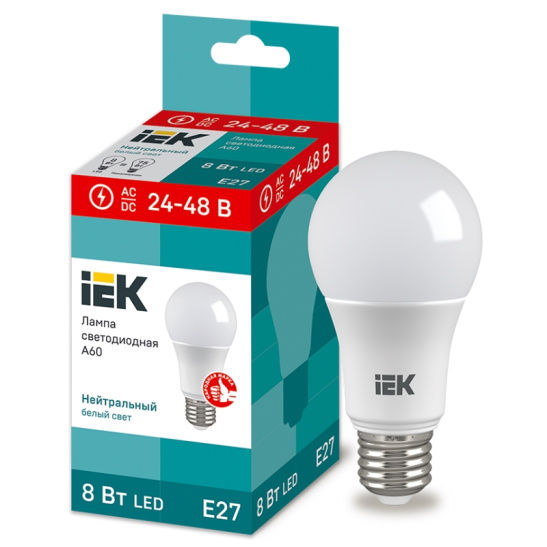 Лампа IEK (ИЭК) A60-МО 8Вт 24-48V AC/DC Е27 4000К 760Лм светодиодная 