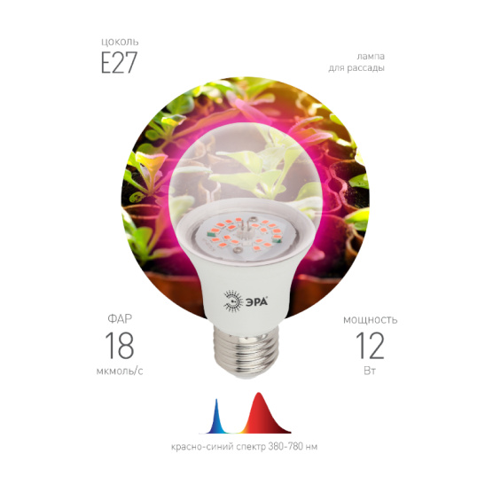Лампа ЭРА FITO-RB 12 Вт А60 Е27 1310 К красно-синего спектра 