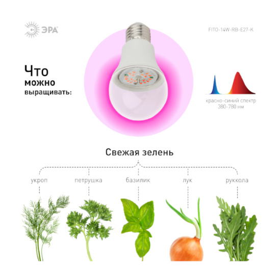 Лампа ЭРА FITO-RB 14 Вт А60 Е27 1310 К красно-синего спектра 