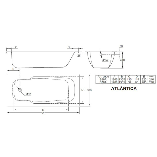 Ванна стальная 1800x800x410 мм, белая, BLB, Atlantica,  ножки в комплекте, Португалия