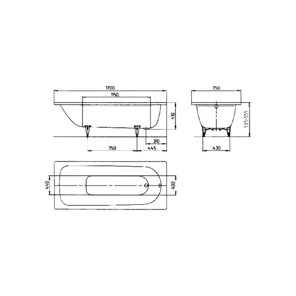 Ванна стальная 1700x730x410 мм, белая, Kaldewei, "Saniform plus" Mod.371-1,  без ножек, Германия