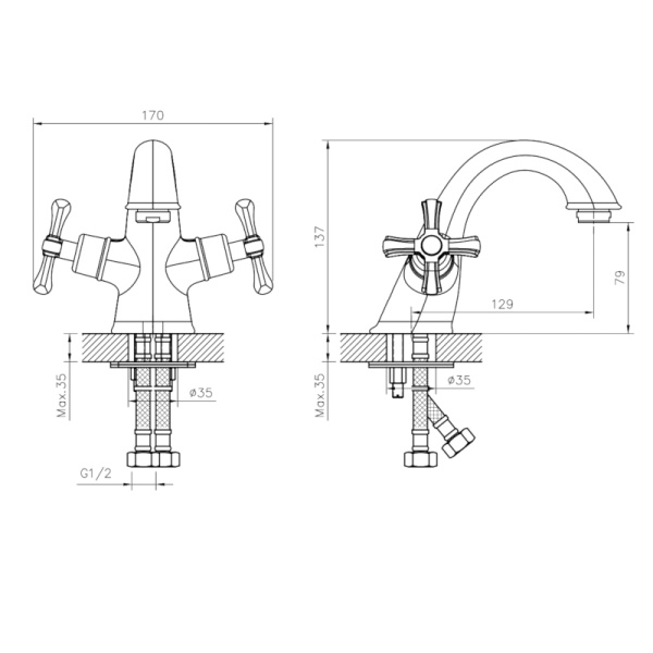 Смеситель для умывальника латунный двухвентильный, DR52011, DecoRoom