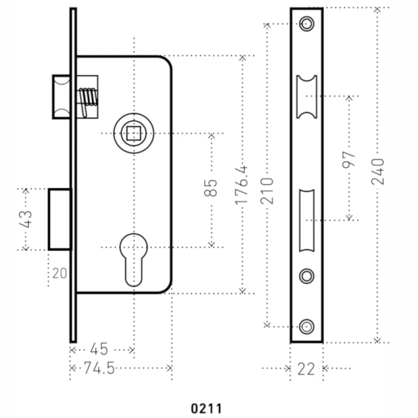 Замок врезной 85 мм, 1 ригель, "0211" хром, Аллюр, Китай