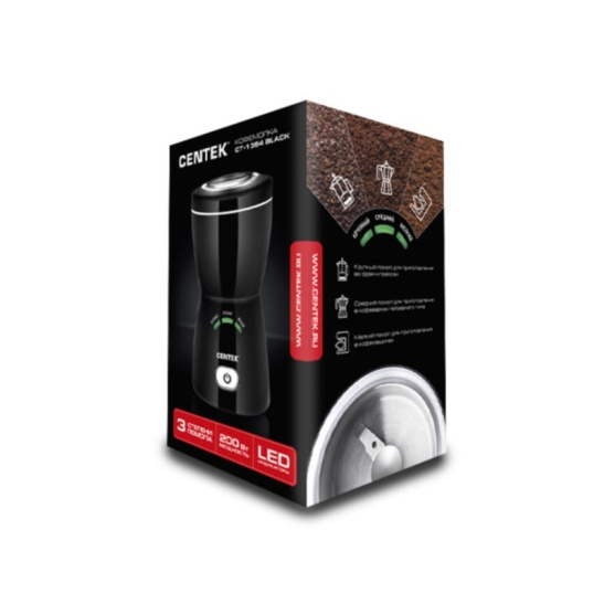 Кофемолка Centek CT-1354 (черный) 200Вт, 80 г, автопомол (3 уровня), 3 LED индикатора