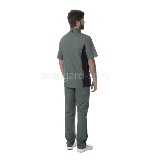 Блуза мужская "Песто" р.48-50(96-100) рост3/4(170-176), цв.оливковый с черной отделкой