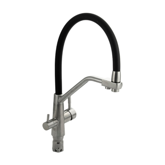 Смеситель для мойки из нержавеющей стали однорычажный с гибким изливом, черный, 91119, МАГНУС , с фиксацией, Санакс