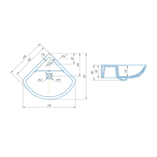 Раковина Элегия с переливом, угловая, с отверстием, с пьедесталом, 495x495 мм, г. Киров