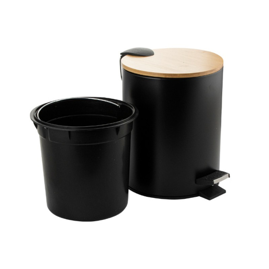 2555 ВЕДРО из нерж.стали с педалью с вставками дерева черное 5л