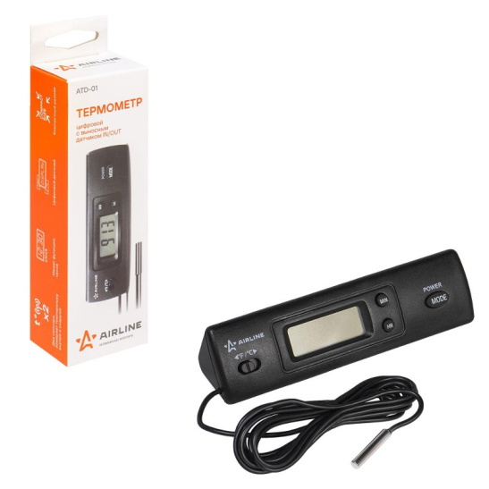 Термометр цифровой ("ATD-01") с вынoсным дaтчикoм (IN / OUT °С внутри и снаружи) длина провода 3 м. ("AIRLINE") без батарейки ААА