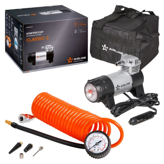 Автокомпрессор (30 л/мин, до 7 атм.) пит.прикуриватель, фонарь, спиральный шланг ("CLASSIC-2") ("AIRLINE") металл. (насос шинный электрический 12В) CA-030-02