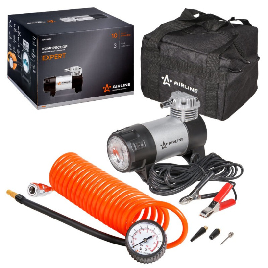 Автокомпрессор (45 л/мин, до 10 атм.) пит.крокодилы, спиральный шланг, фонарь ("EXPERT") ("AIRLINE") металл. (насос шинный электрический 12В) CA-045-07