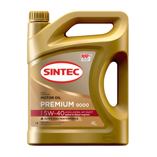 Масло моторное Sintec Premium 9000 (A3/B4) SAE 5W40, 4 л, API SN/CF, синтетическое, (двиг. бензиновый, дизельный), (пластик. канистра) 