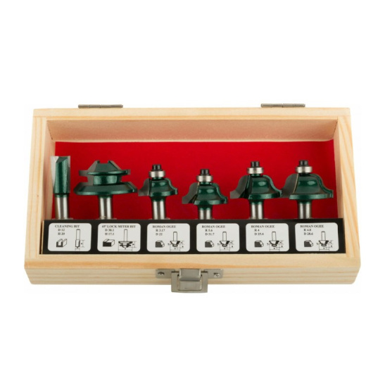 Набор фрез по дереву кромочные (6 шт; хвостовик 8 мм) в деревянном боксе FIT 36572
