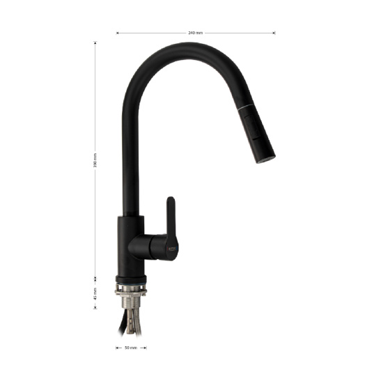 Смеситель для мойки из нержавеющей стали однорычажный с высоким изливом, черный, 9130, МАГНУС, Санакс