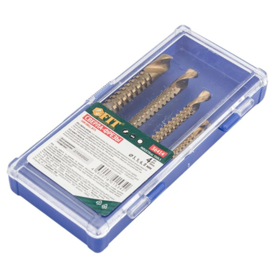 Сверло-фреза универсальное (4 шт; 3, 5, 6, 8 мм; титановое покрытие) FIT IT 36414