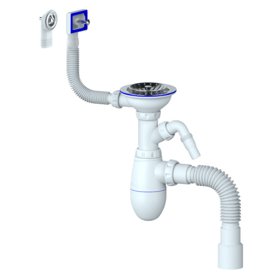 В427 СИФОН для мойки с нерж/чаш. д112, с г/тр, с круглым и прямоугольным переливом "Юникорн" 