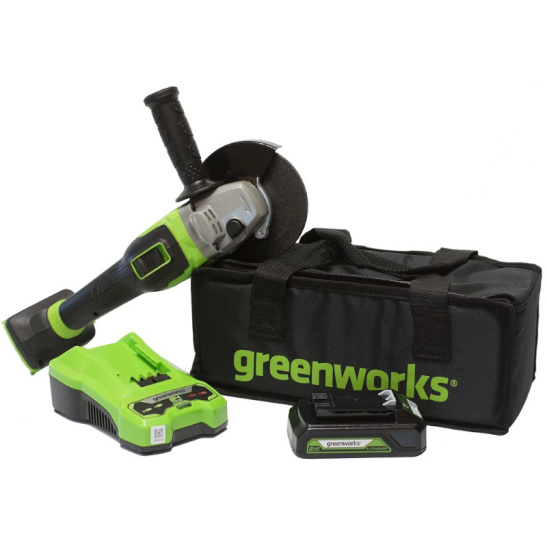 Углошлифмашина Аккум.бесщет. Greenworks GD24AGK (в комплекте  Акб.24v/2 А.ч и З/У) в сумке
