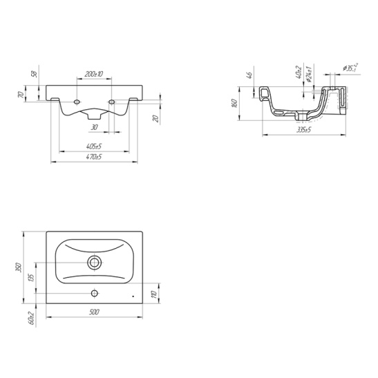 Раковина MODUO 50 SLIM встраиваемая с 1 отв., 500x350 мм, г. Сызрань