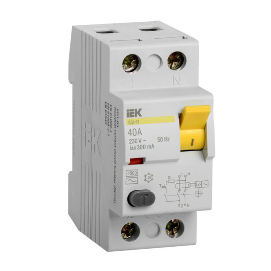 Выключатель дифференциальный УЗО ВД1-63 2Р 40А 300мА IEK (MDV10-2-040-300)