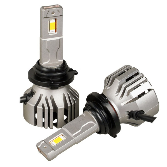 Автолампы LED НВ3, НВ4 (12/24В., к-т 2 шт.) (серия PRO) светодиодные, с вентилятором и радиатором, CANBUS, тип оптики: Линза (50Вт., 4600Лм., 3000К желтый) ("AIRLINE") (AEAR206)