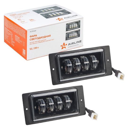 Фары светодиодные (к-т 2 шт.), линзы (12/24В.) четкая световая граница, белый, IP67, 36Вт. (ВАЗ  2110, 2112, 2114, 2115,  КАМАЗ ("AIRLINE") ("ALED069") 