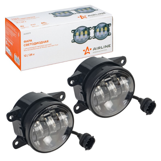 Фары светодиодные (к-т 2 шт.), линзы (12/24В.) регулируемая световая граница, белый/желтый, IP67, разъем Н11, 45Вт. (Веста, Гранта FL, Ларгус FL, Икс-Рэй; НИВА Urban, Travel с 2020г; Ford, Nissan, Renault ("AIRLINE") ALED079
