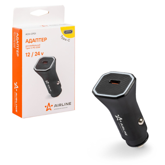 Устройство зарядное для тлф. в прикуриватель (3A, 12/24В.) быстрая зарядка, порт USB Type C Power delivery PD ("ACH-CPD1") ("AIRLINE") для мобильных телефонов и устройств