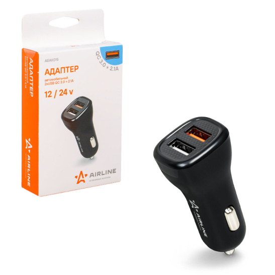 Устройство зарядное для тлф. в прикуриватель (3A, 12/24В.) быстрая зарядка, 2 порта USB (Quick Charge QC 3.0 + USB 2.1А) ("AEAK015") ("AIRLINE") для мобильных телефонов и устройств
