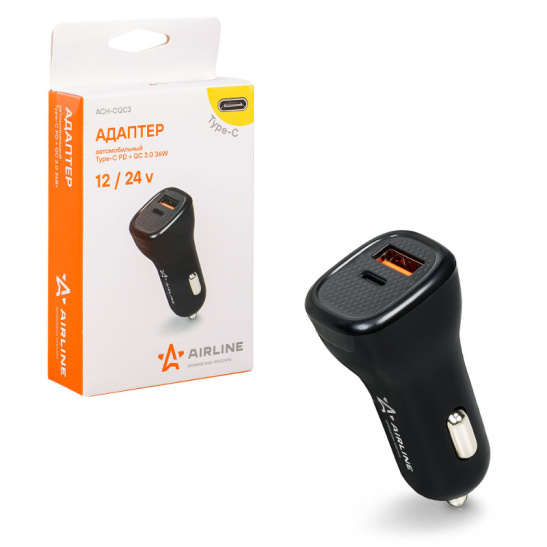 Устройство зарядное для тлф. в прикуриватель (3A, 12/24В.) быстрая зарядка, 2 порта USB (Quick Charge QC 3.0 + Power delivery PD Type C) ("ACH-CQC3") ("AIRLINE") для мобильных телефонов и устройств