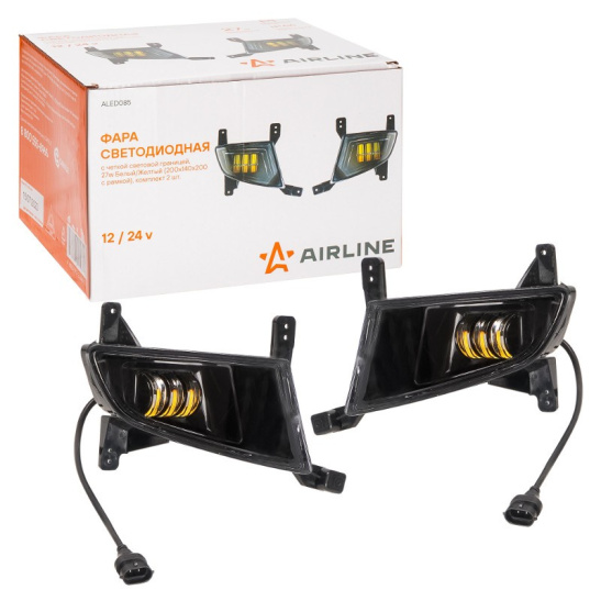 * Фары светодиодные (к-т 2 шт.), линзы (12/24В.) четкая световая граница, белый/желтый, IP66, разъем Н11, 27Вт., с рамкой (ВАЗ Приора Lada Priora II (21704-3743020/21) ("AIRLINE") ALED085