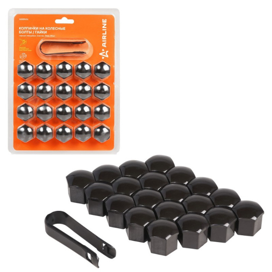 Колпачки (20 шт.) на колесные болты/гайки 21 мм., черные глянцевые  + съёмник ("AIRLINE") AWBN06