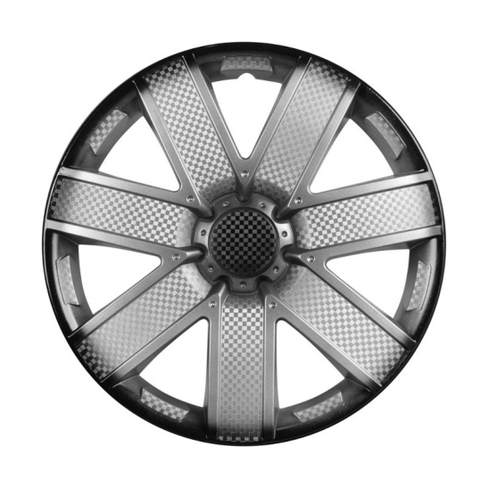 Колпаки колесные (R14", 2 шт.) универсальные ("Гэлакси +") серебристый/черный карбон, к-т 2 шт. (на все модели а/м) "AIRLINE" с пруж. (AWCC-14-20)