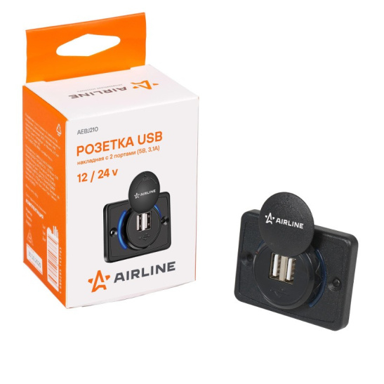 Розетка USB (12/24В.) накладная автомобильная, с 2 портами зарядки (5В, 3.1А) ("AIRLINE") AEBJ210