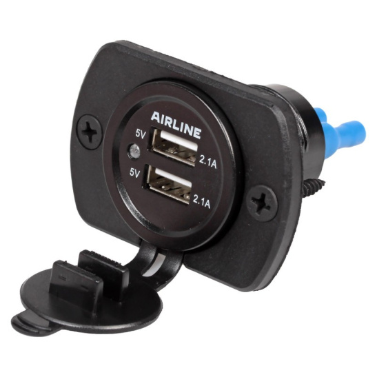 Розетка USB (12/24В.) встраиваемая автомобильная, влагозащищенная, c 2 портами зарядки (5В, 2.1А + 2.1А) ("AIRLINE") AEBJ205