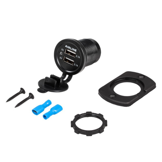 Розетка USB (12/24В.) встраиваемая автомобильная, влагозащищенная, c 2 портами зарядки (5В, 2.1А + 2.1А) ("AIRLINE") ACS-2U-02