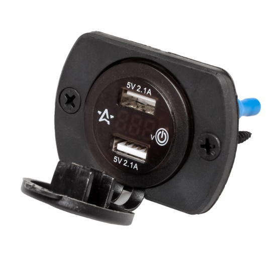 Розетка USB (12/24В.) встраиваемая автомобильная, влагозащищенная, с вольметром и 2 портами зарядки (5В, 2.1А + 2.1А) ("AIRLINE") AEBJ203