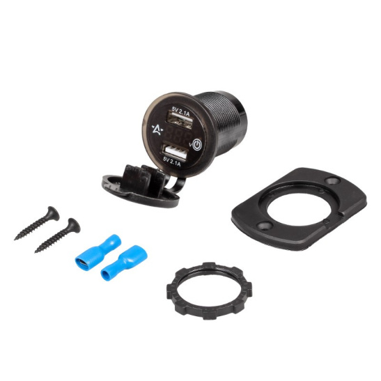 Розетка USB (12/24В.) встраиваемая автомобильная, влагозащищенная, с вольметром и 2 портами зарядки (5В, 2.1А + 2.1А) ("AIRLINE") AEBJ203