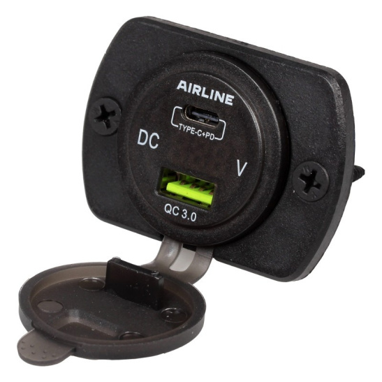 Розетка USB (12/24В.) встраиваемая автомобильная, влагозащищенная, с вольметром и 2 портами быстрой зарядки (5В, QC3.0 + Type-c PD) ("AIRLINE") AEBJ200