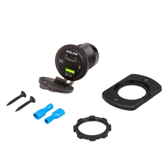 Розетка USB (12/24В.) встраиваемая автомобильная, влагозащищенная, с вольметром и 2 портами быстрой зарядки (5В, QC3.0 + Type-c PD) ("AIRLINE") AEBJ200