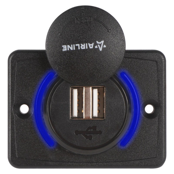 Розетка USB (12/24В.) накладная автомобильная, с 2 портами зарядки (5В, 3.1А) ("AIRLINE") AEBJ210