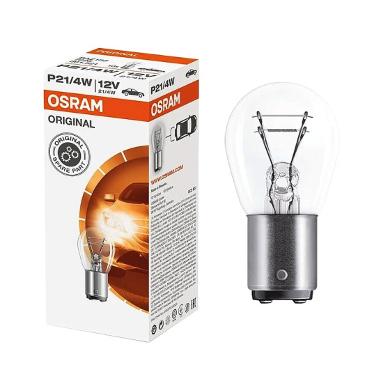 ЛАМПА (А12-21/4) (P21/4W 12 V OSRAM 7225) ПОВОРОТОВ,СТОП-СИГНАЛОВ, ДХО ВАЗ КАЛИНА, НИВА ШЕВРОЛЕ (2-х контактная со смещенным цоколем) 12В